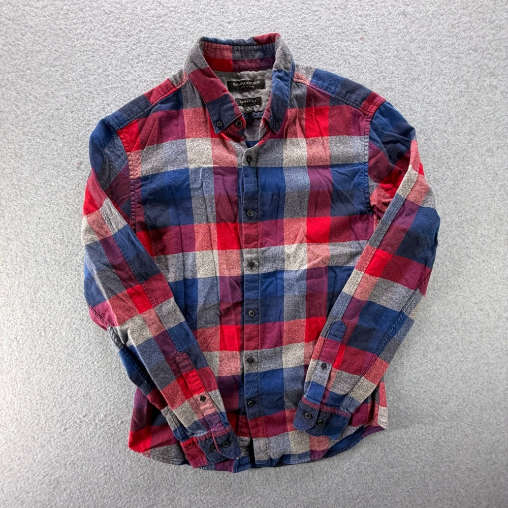 Banana Republic Mens Grant Fit Luxe Flannel Plaid Button Down Shirt Red Blue S